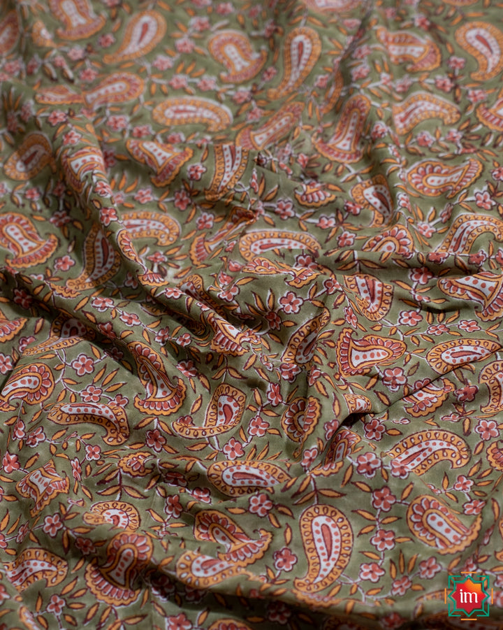 Mehendi Floral Handblock Printed Sanganer Mul Cotton Saree Baharon Phool Barsao-2-The Indian Motif