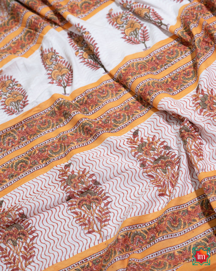 Mehendi Floral Handblock Printed Sanganer Mul Cotton Saree Baharon Phool Barsao-3-The Indian Motif