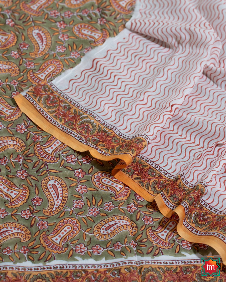 Mehendi Floral Handblock Printed Sanganer Mul Cotton Saree Baharon Phool Barsao-4-The Indian Motif