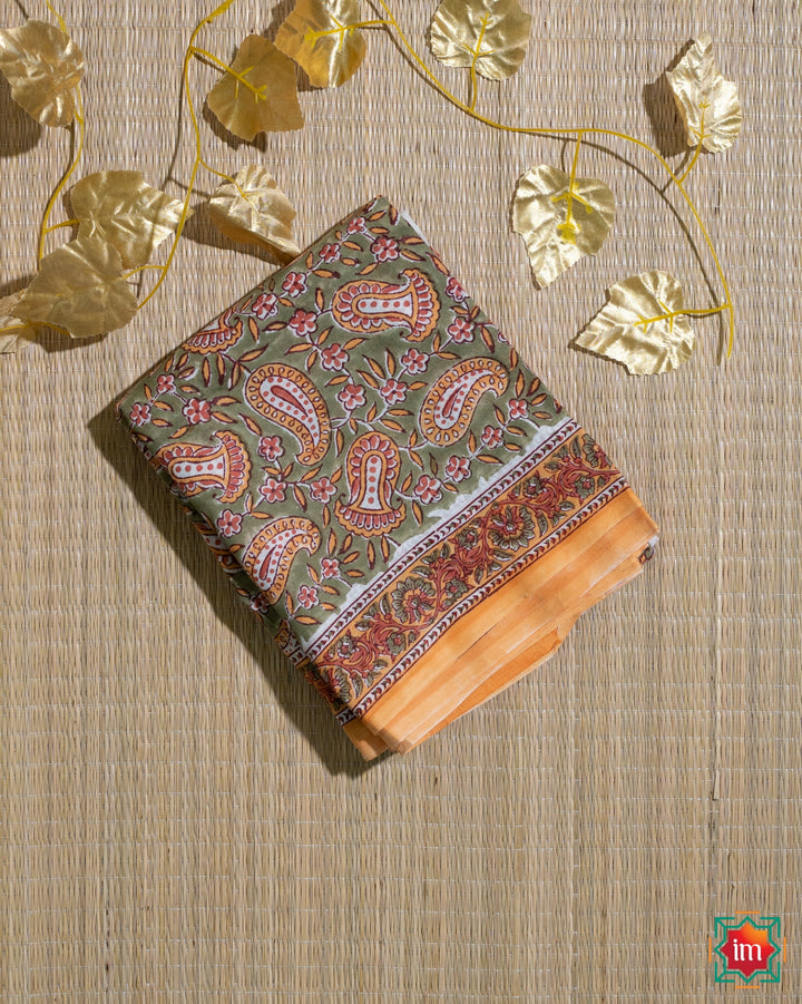 Mehendi Floral Handblock Printed Sanganer Mul Cotton Saree Baharon Phool Barsao-The Indian Motif