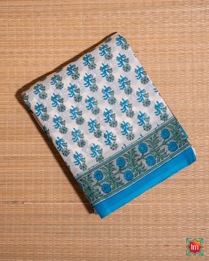 White Floral Handblock Printed Sanganer Mul Cotton Saree Lal Chadi Maidan Khadi-The Indian Motif