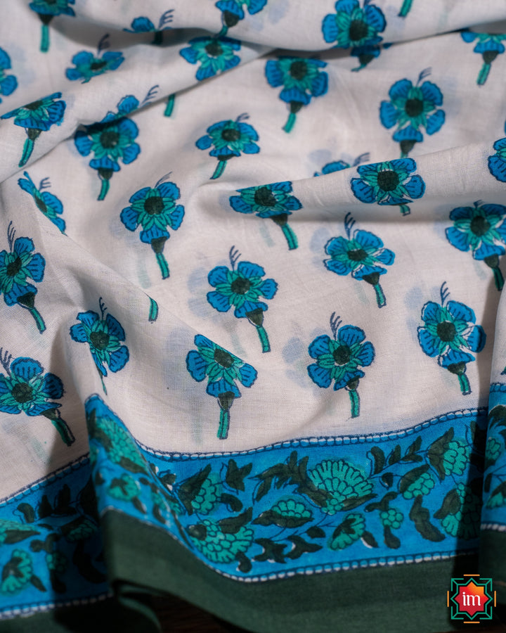 White Floral Handblock Printed Sanganer Mul Cotton Saree Piya Tose Naina Laage-1-The Indian Motif
