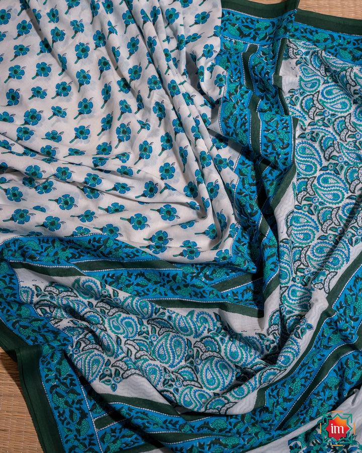White Floral Handblock Printed Sanganer Mul Cotton Saree Piya Tose Naina Laage-2-The Indian Motif