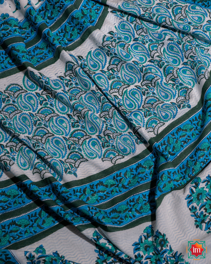 White Floral Handblock Printed Sanganer Mul Cotton Saree Piya Tose Naina Laage-3-The Indian Motif