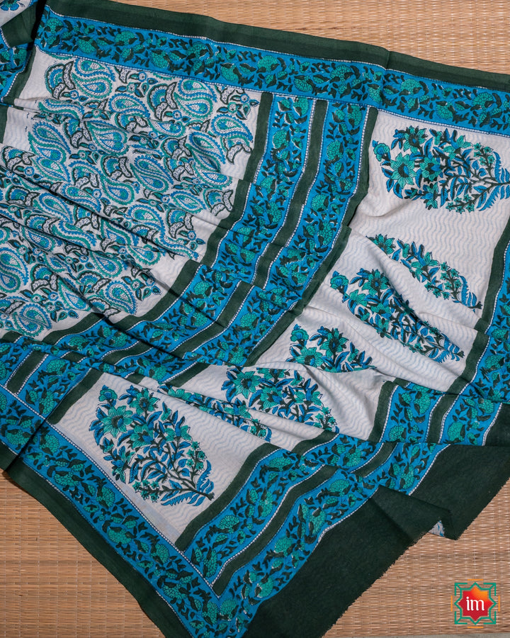 White Floral Handblock Printed Sanganer Mul Cotton Saree Piya Tose Naina Laage-4-The Indian Motif