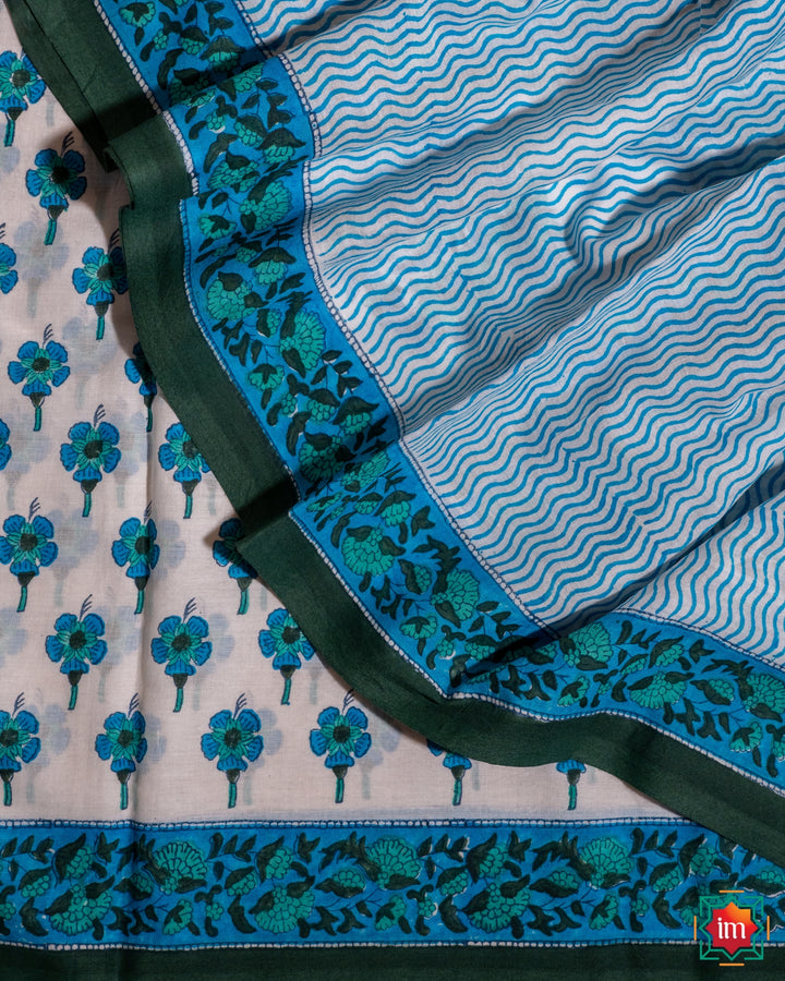 White Floral Handblock Printed Sanganer Mul Cotton Saree Piya Tose Naina Laage-5-The Indian Motif
