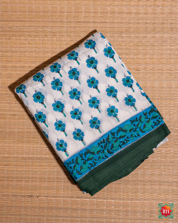 White Floral Handblock Printed Sanganer Mul Cotton Saree Piya Tose Naina Laage-The Indian Motif