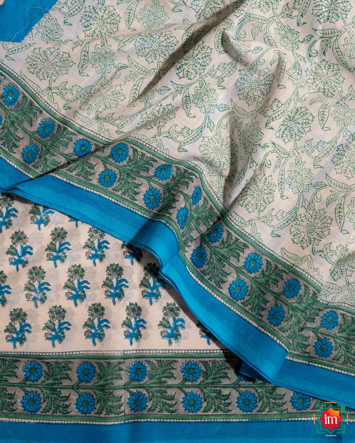 White Floral Handblock Printed Sanganer Mul Cotton Saree Lal Chadi Maidan Khadi-5-The Indian Motif