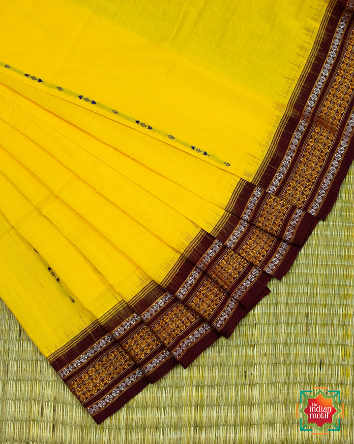 Yellow Handwoven Nuapatna Cotton Saree Manjari-1-The Indian Motif