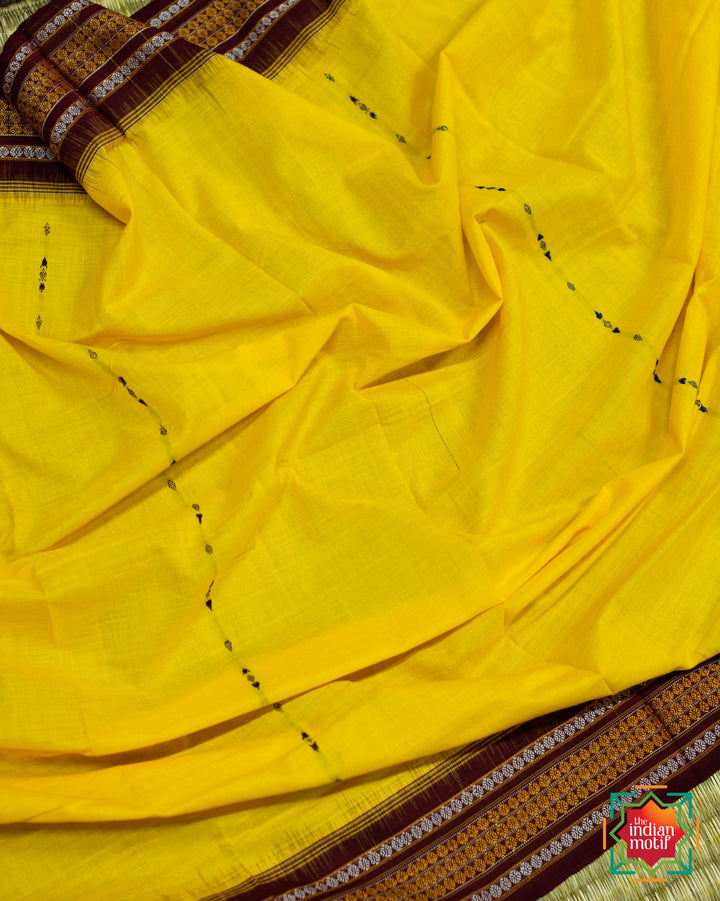 Yellow Handwoven Nuapatna Cotton Saree Manjari-3-The Indian Motif